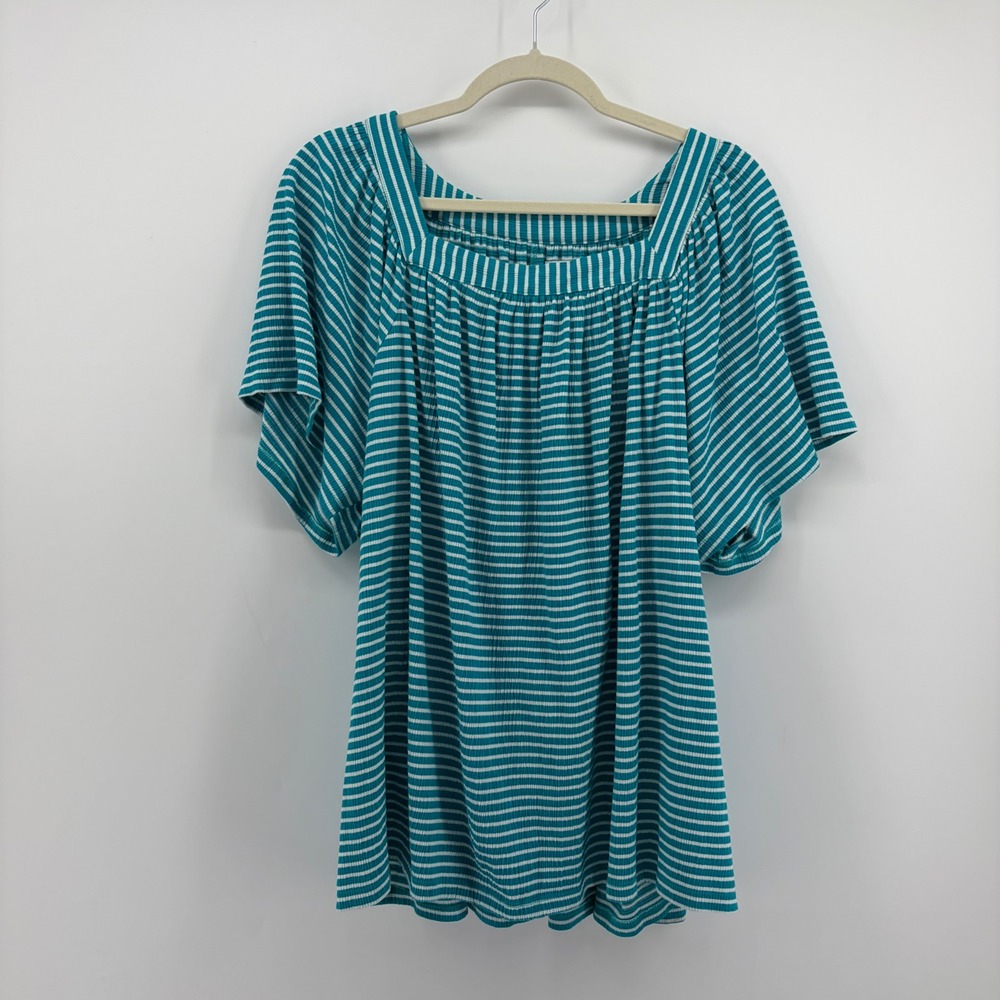 Kim Rogers Womens 2X Teal‎ White Striped Ribbed Square Neck Flutter Sleeve Top